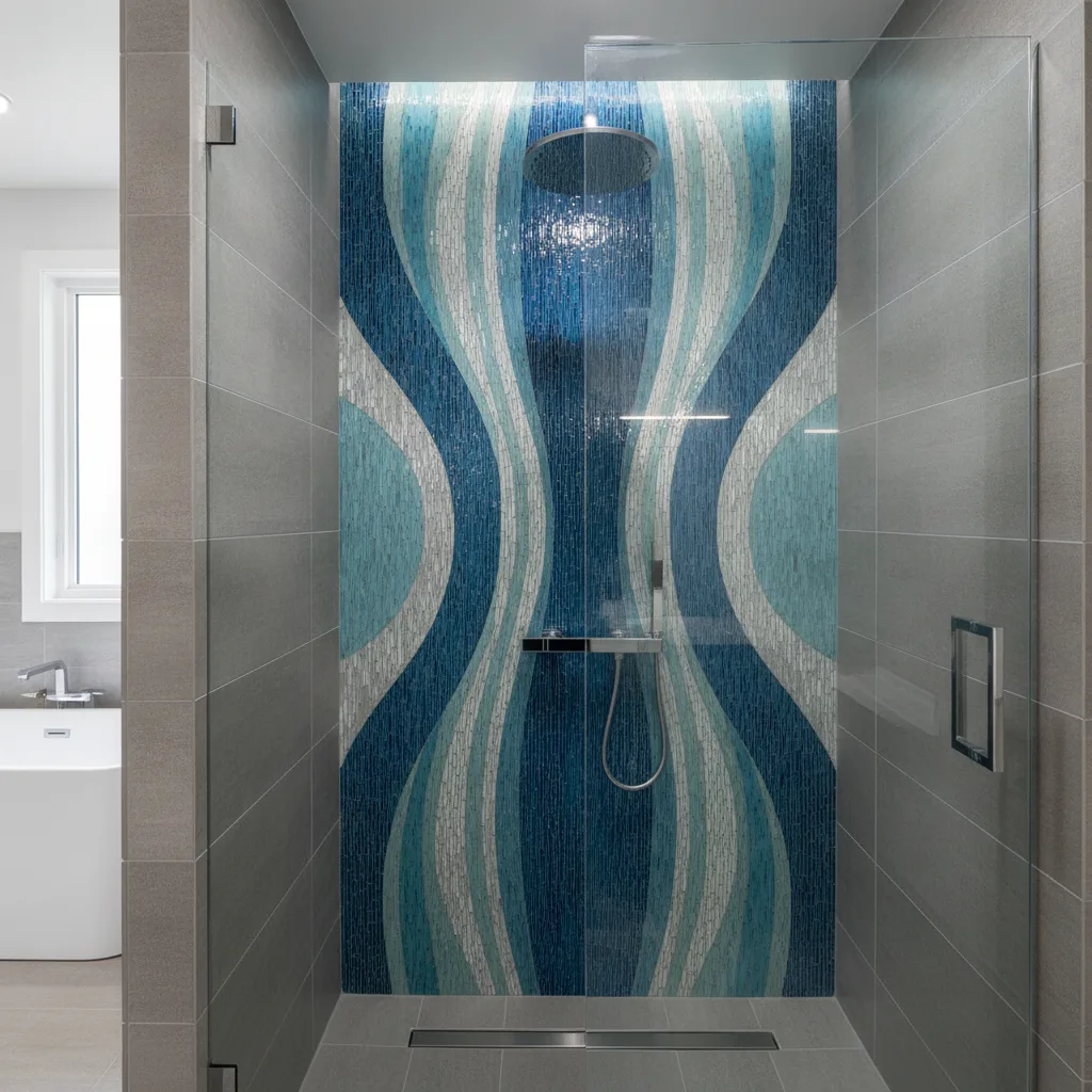 Duschbereich mit Mosaikfliesen Badsanierung Cranz – Duschbereich mit Mosaikfliesen